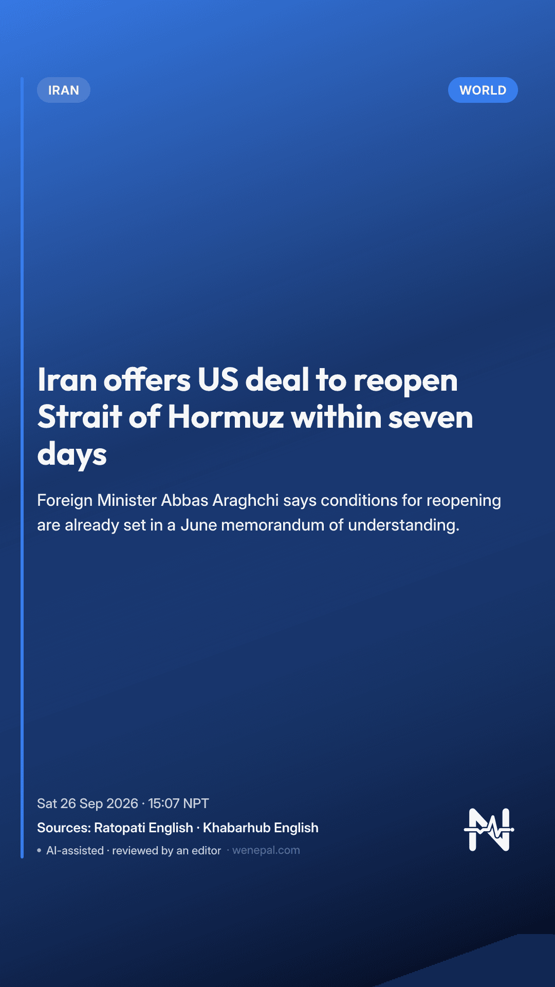Iran offers US deal to reopen Strait of Hormuz within seven days