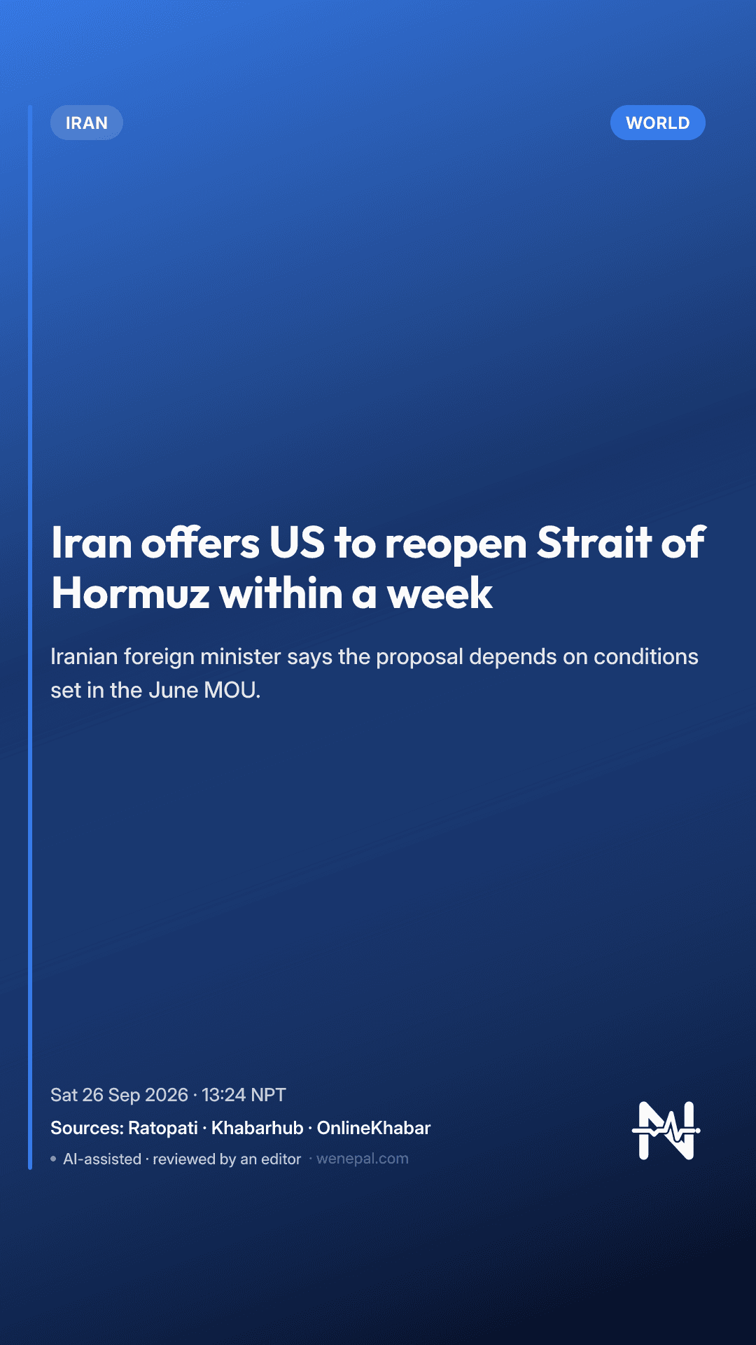 Iran offers US to reopen Strait of Hormuz within a week