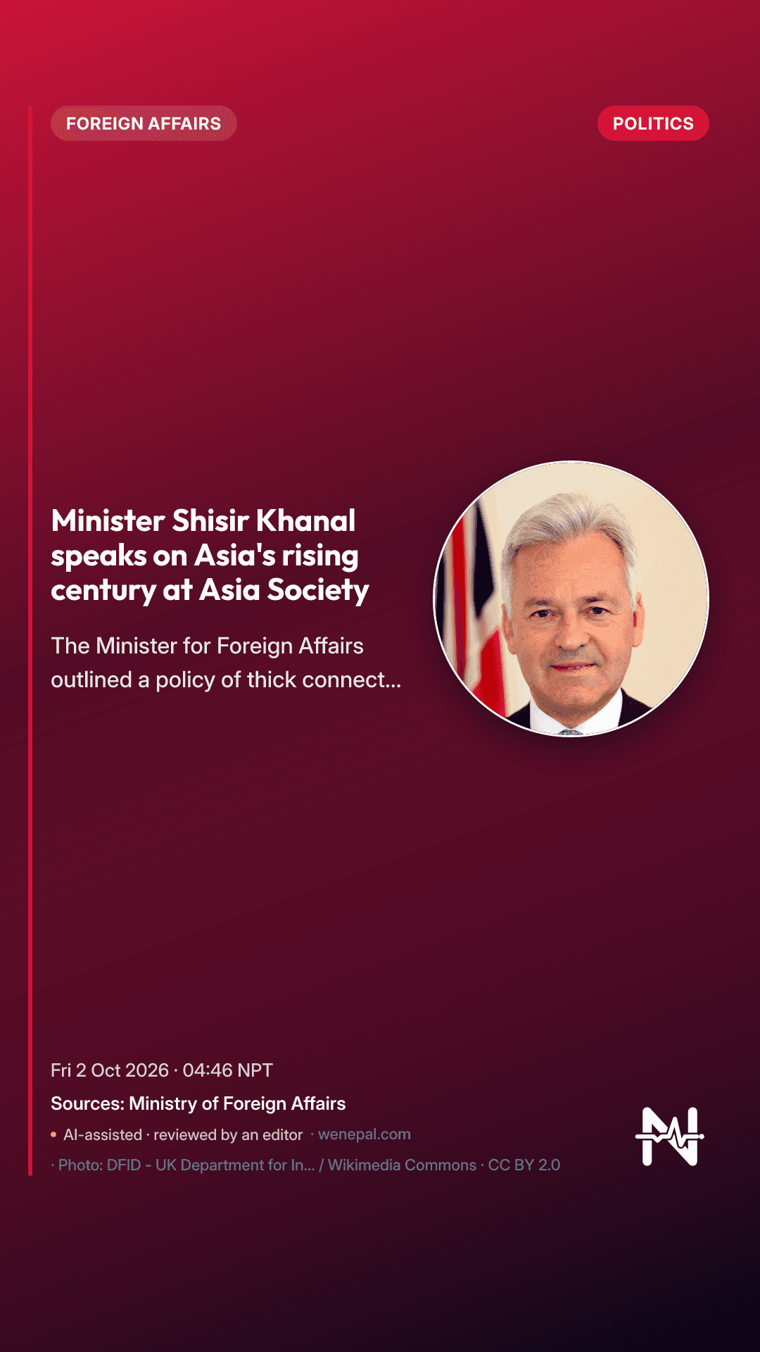Minister Shisir Khanal speaks on Asia's rising century at Asia Society
