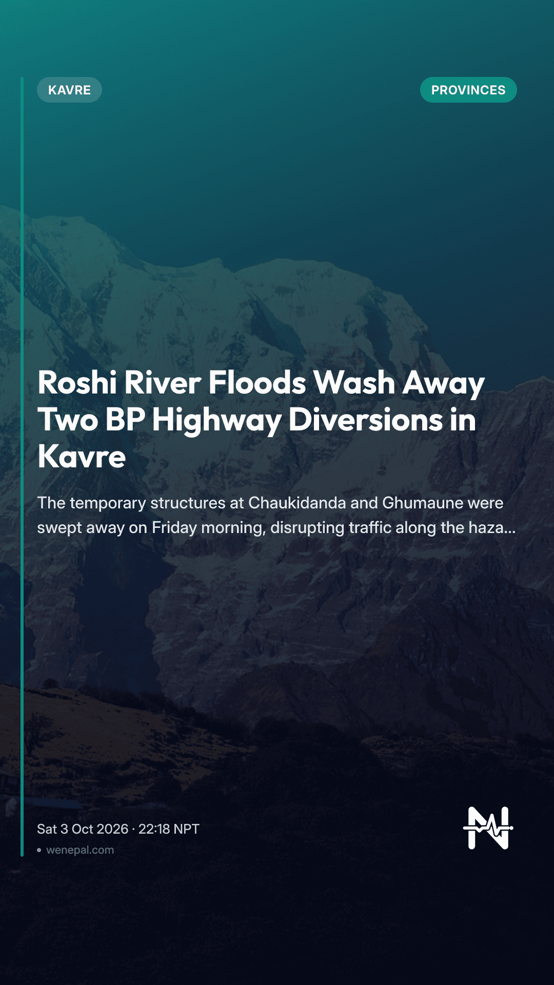 Roshi River Floods Wash Away Two BP Highway Diversions in Kavre