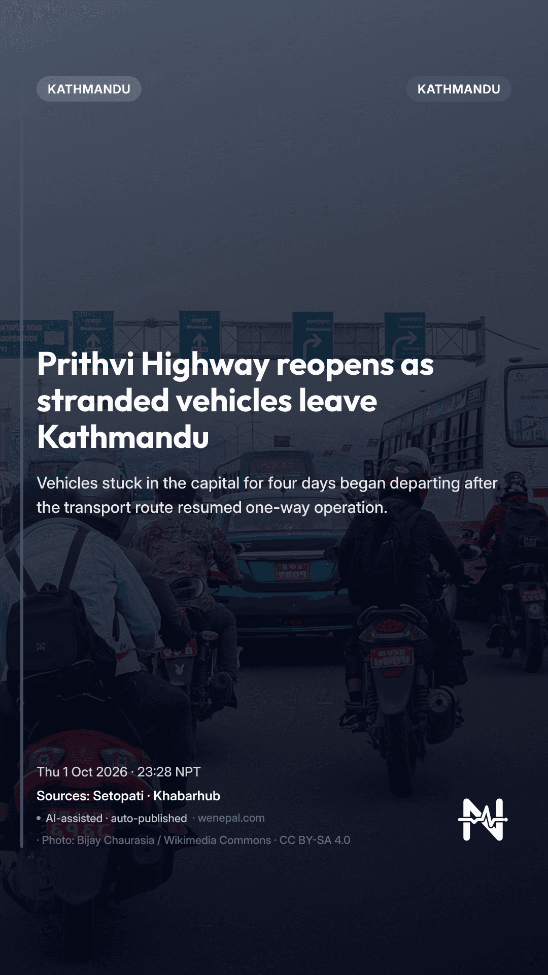 Prithvi Highway reopens as stranded vehicles leave Kathmandu