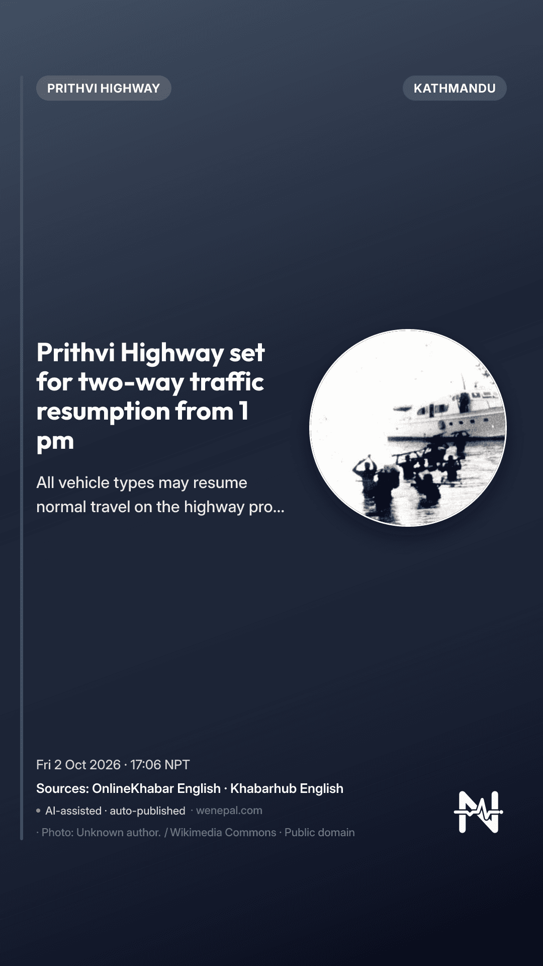 Prithvi Highway set for two-way traffic resumption from 1 pm