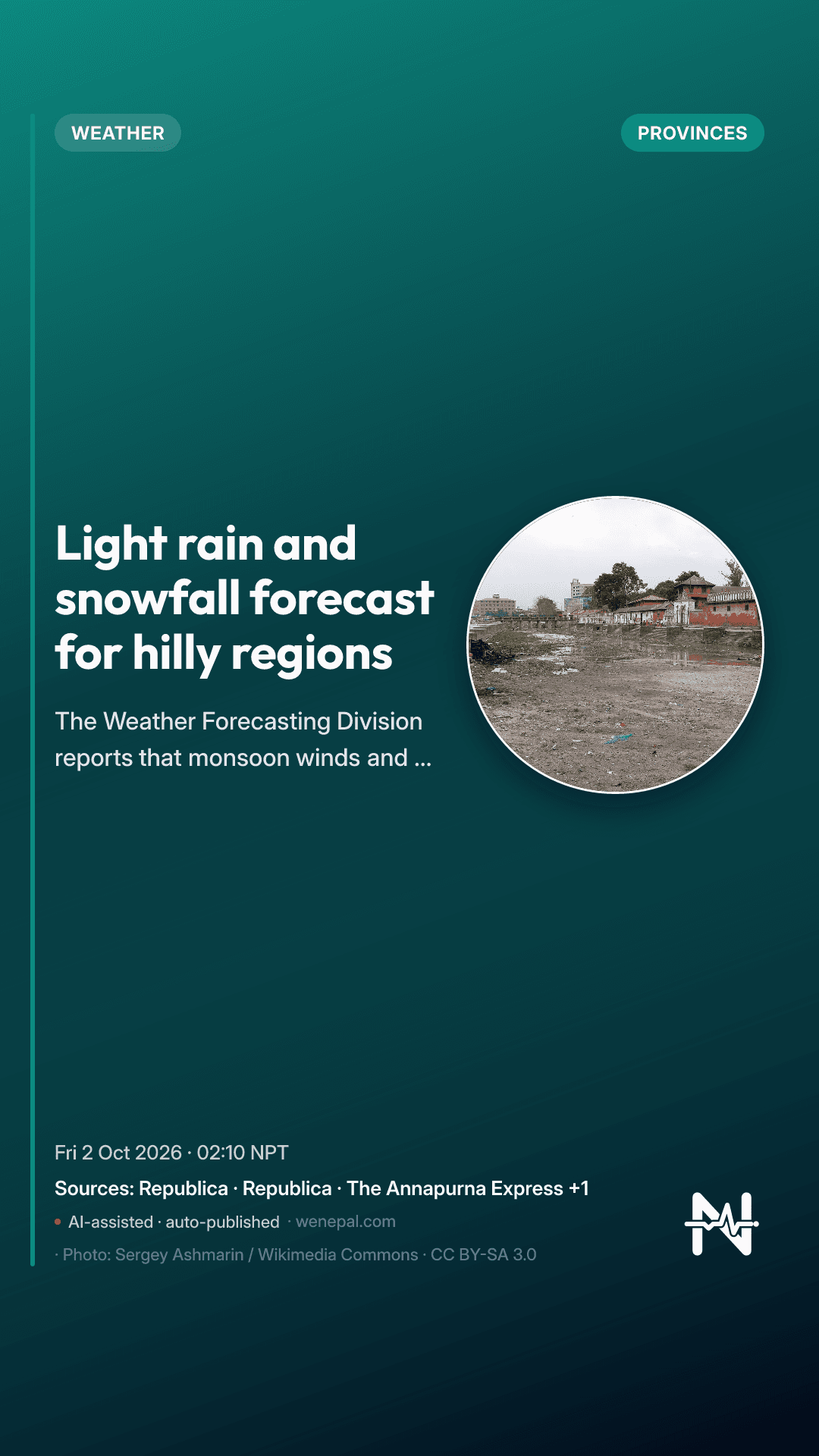 Light rain and snowfall forecast for hilly regions