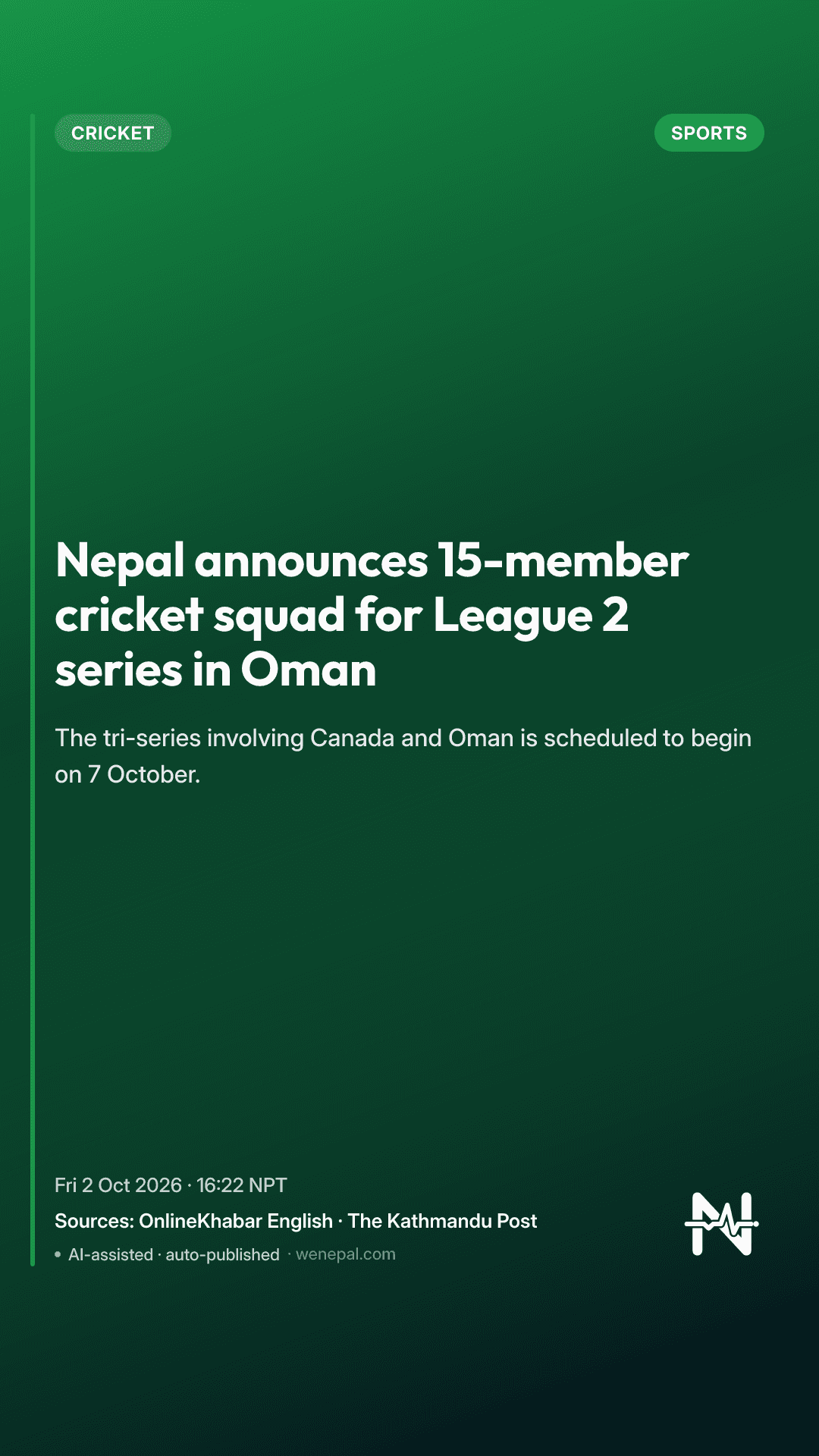 Nepal announces 15-member cricket squad for League 2 series in Oman