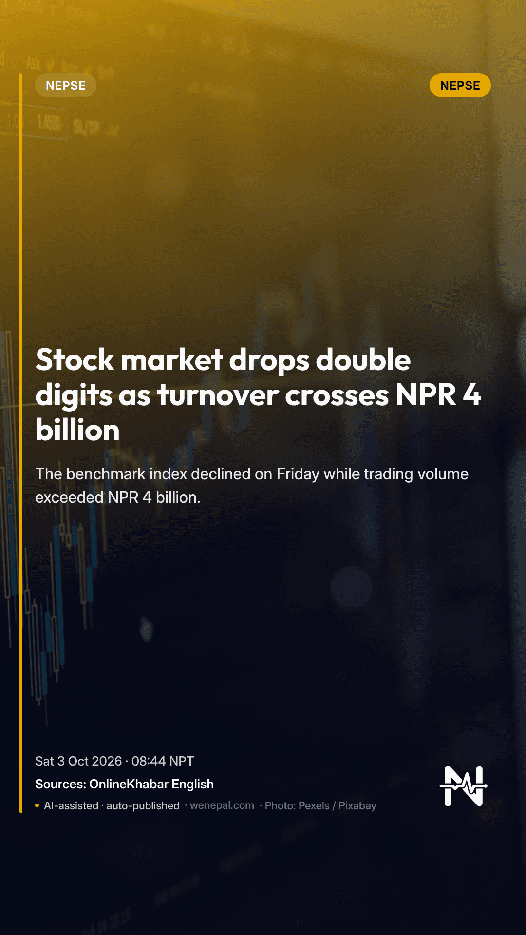Stock market drops double digits as turnover crosses NPR 4 billion