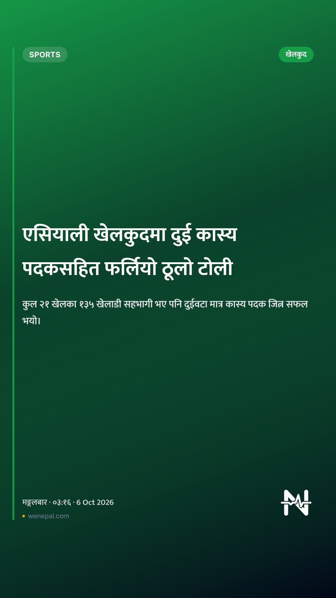 एसियाली खेलकुदमा दुई कास्य पदकसहित फर्लियो ठूलो टोली