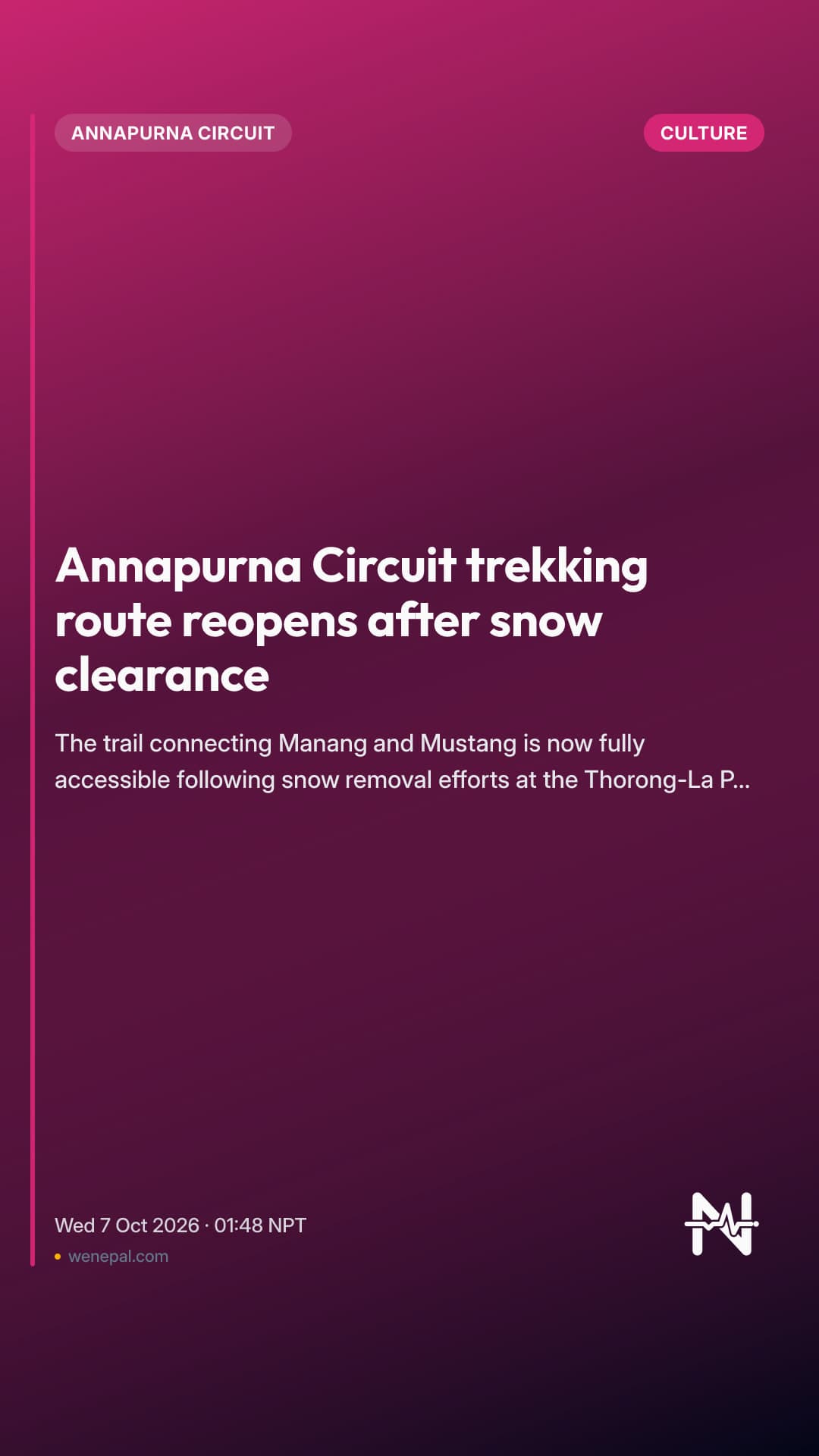 Annapurna Circuit trekking route reopens after snow clearance