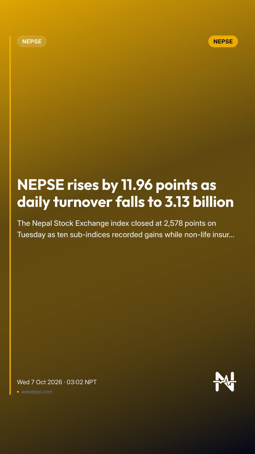 NEPSE rises by 11.96 points as daily turnover falls to 3.13 billion