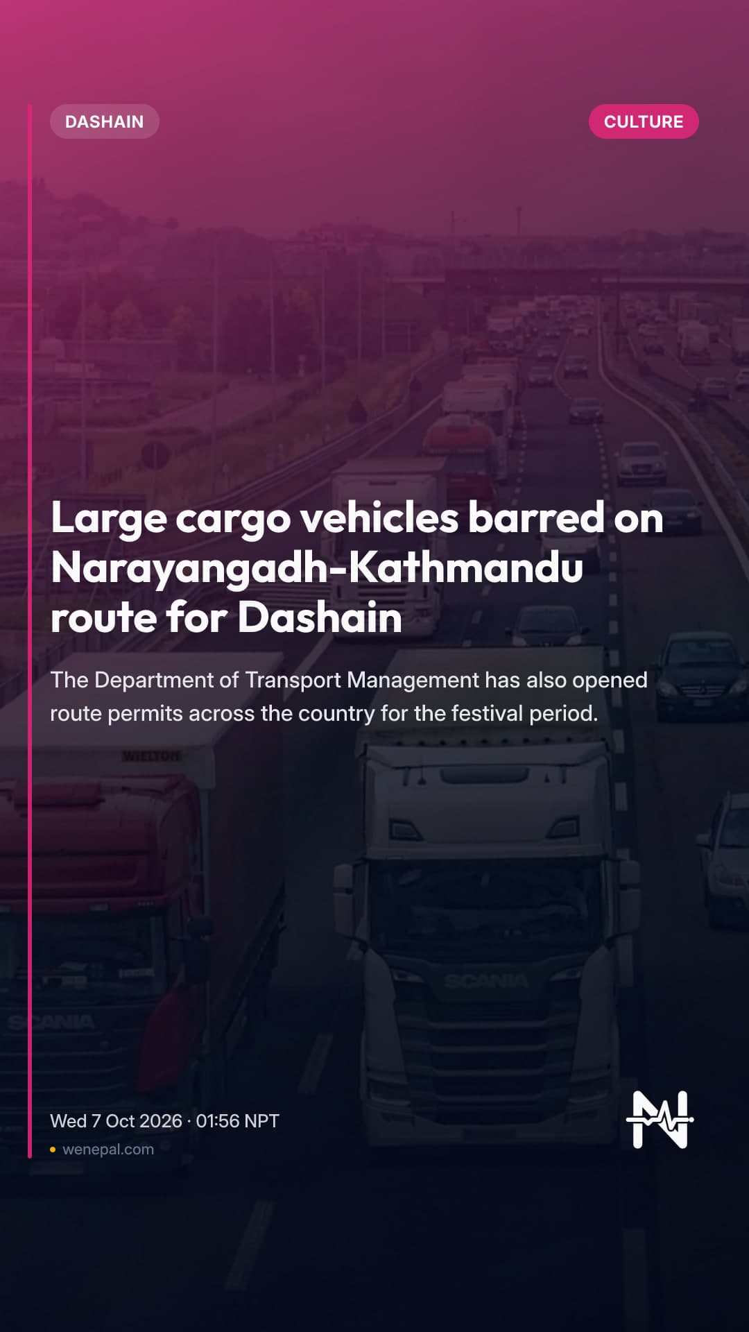 Large cargo vehicles barred on Narayangadh-Kathmandu route for Dashain