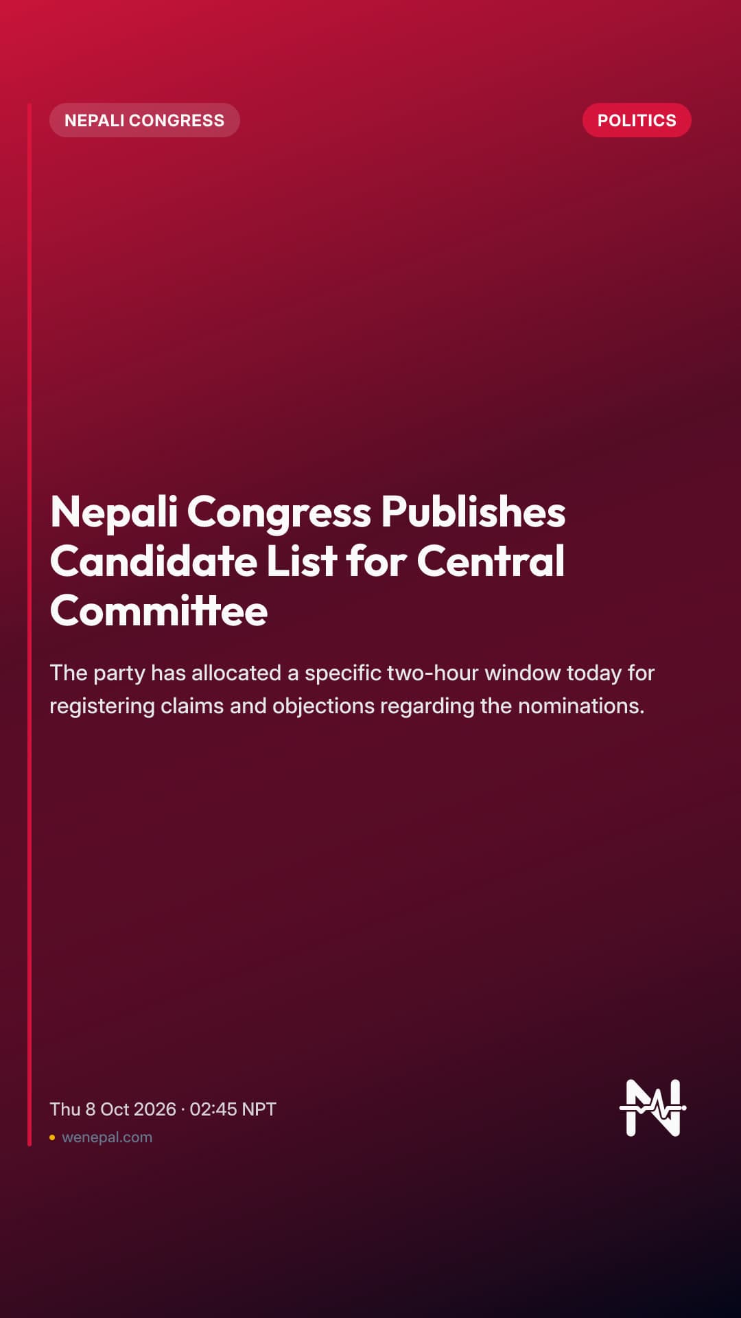 Nepali Congress Publishes Candidate List for Central Committee