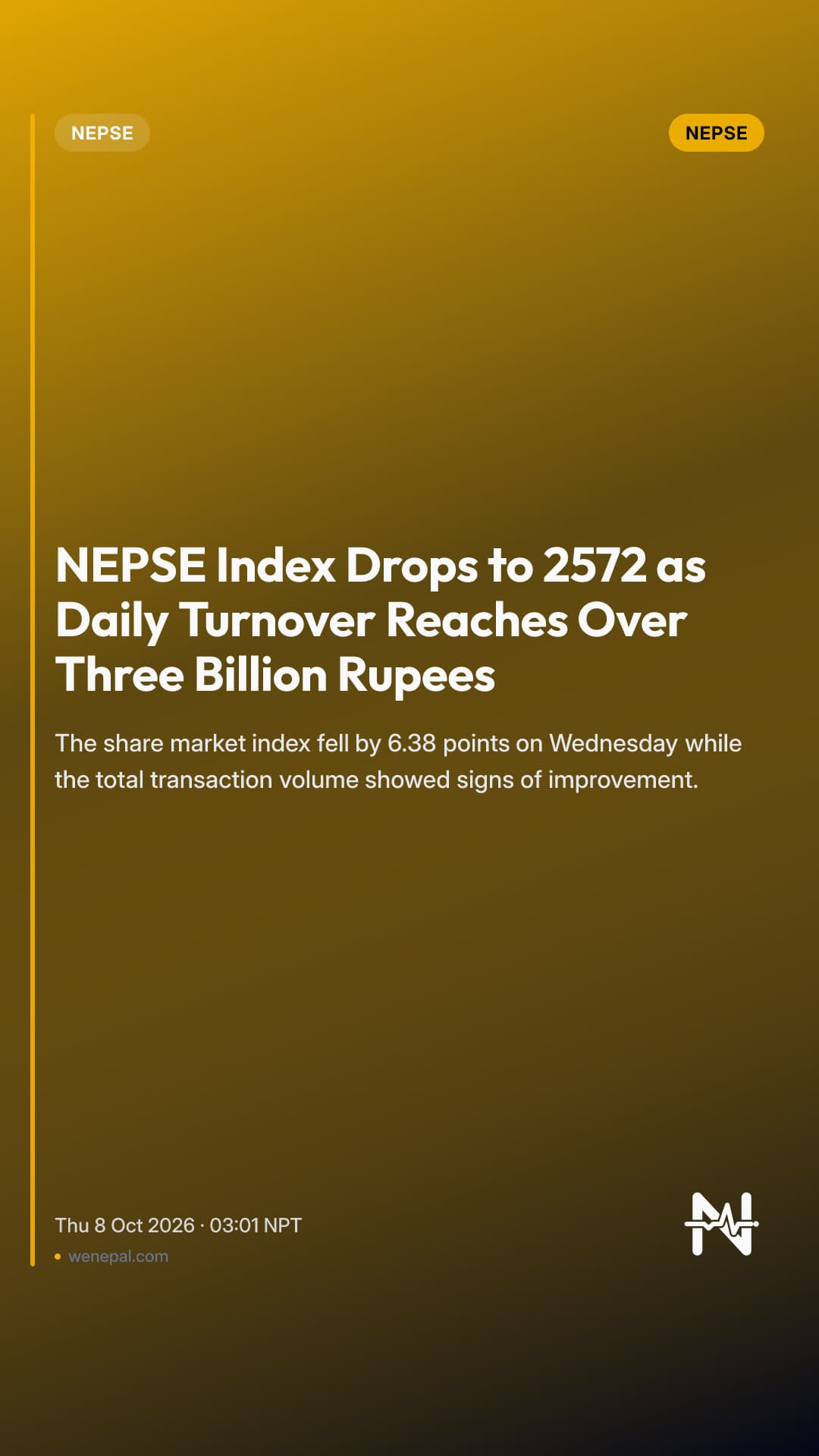 NEPSE Index Drops to 2572 as Daily Turnover Reaches Over Three Billion Rupees