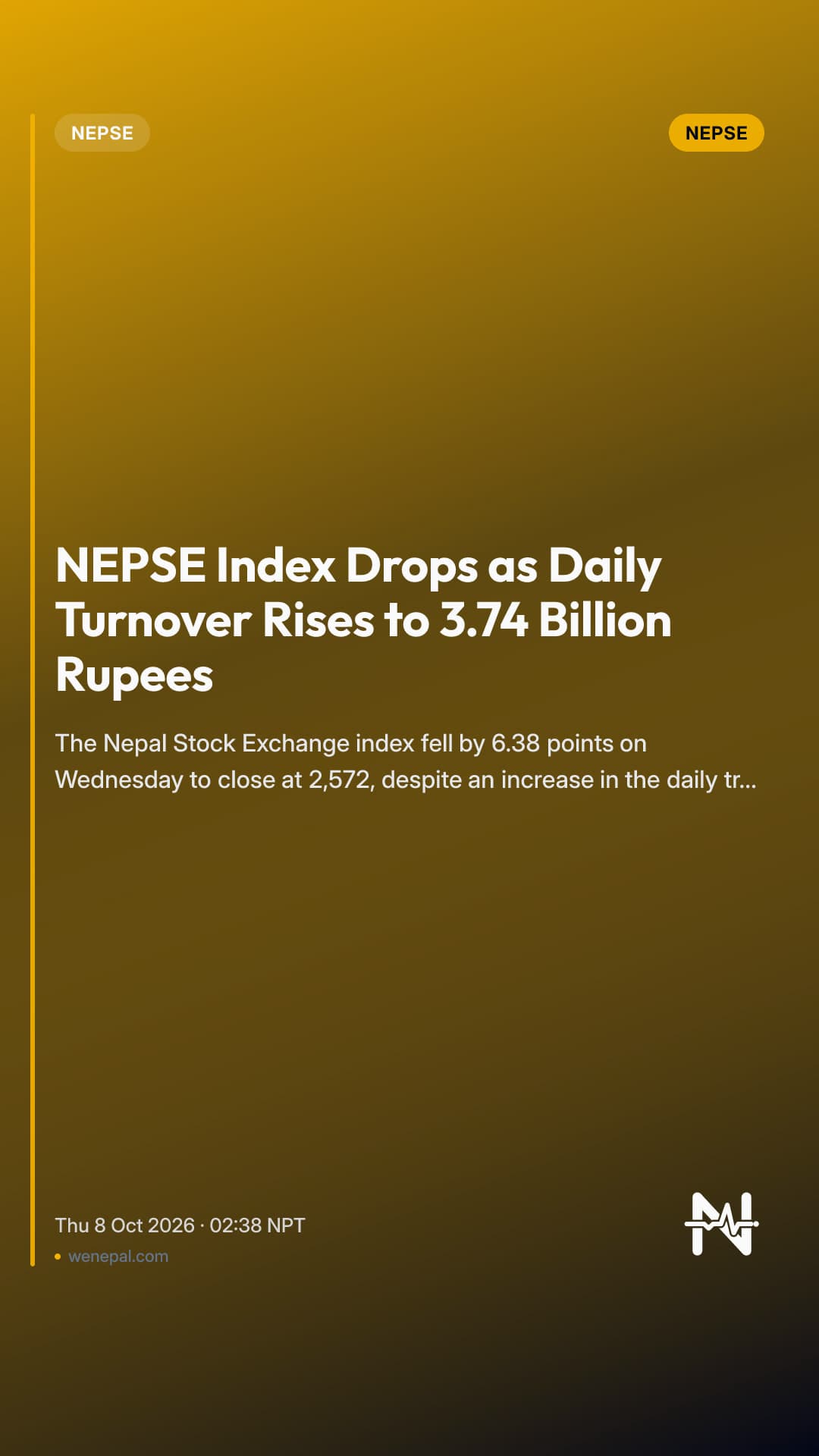 NEPSE Index Drops as Daily Turnover Rises to 3.74 Billion Rupees