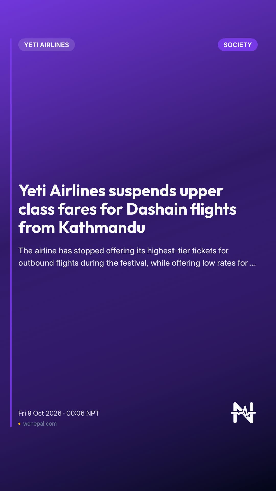 Yeti Airlines suspends upper class fares for Dashain flights from Kathmandu