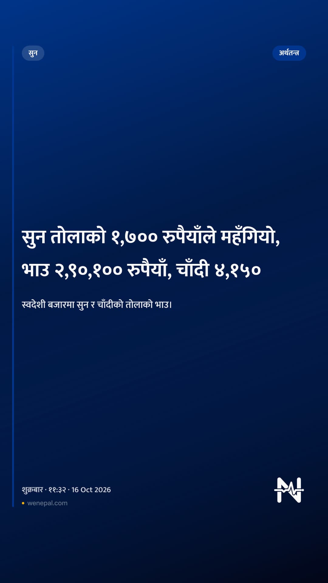 सुन तोलाको १,७०० रुपैयाँले महँगियो, भाउ २,९०,१०० रुपैयाँ, चाँदी ४,१५०