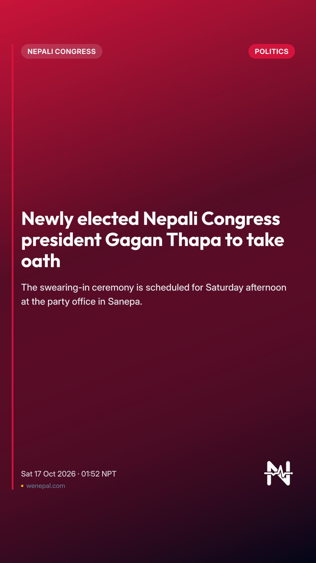 Newly elected Nepali Congress president Gagan Thapa to take oath