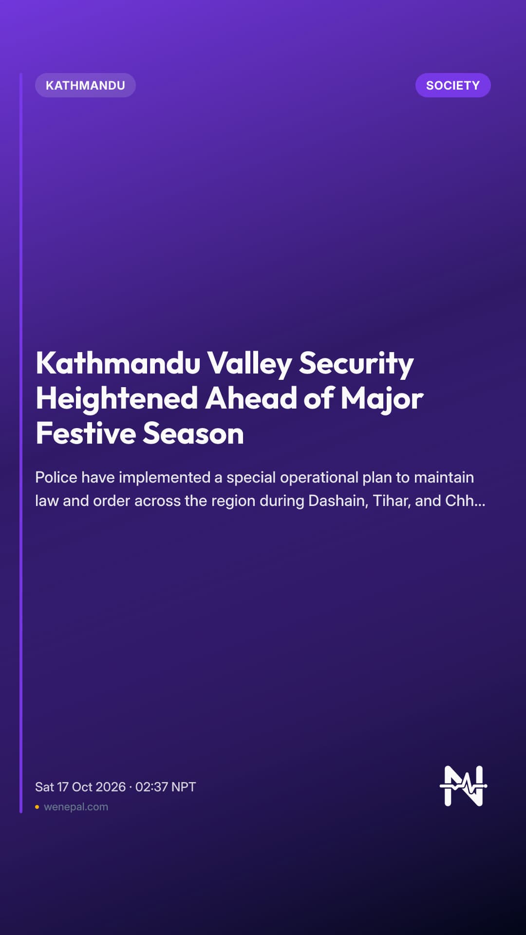 Kathmandu Valley Security Heightened Ahead of Major Festive Season