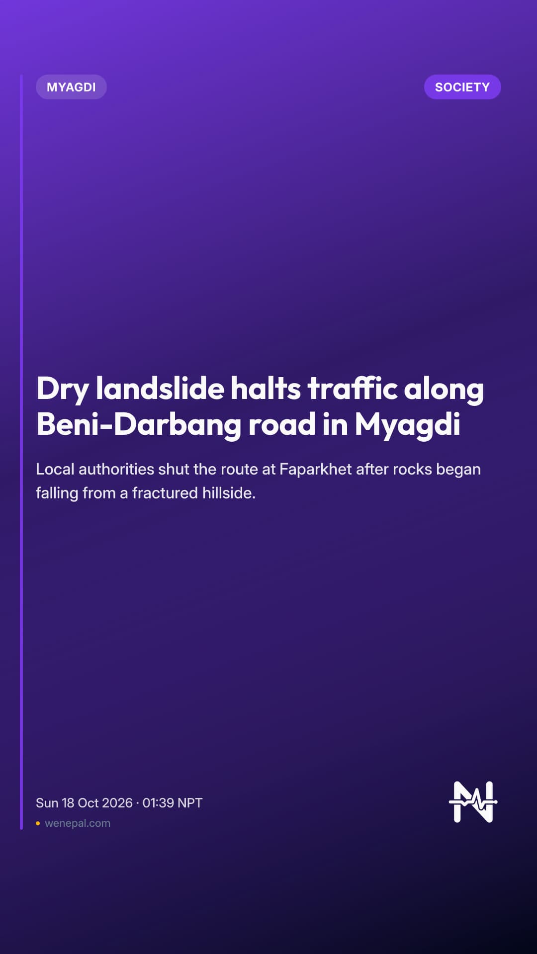 Dry landslide halts traffic along Beni-Darbang road in Myagdi