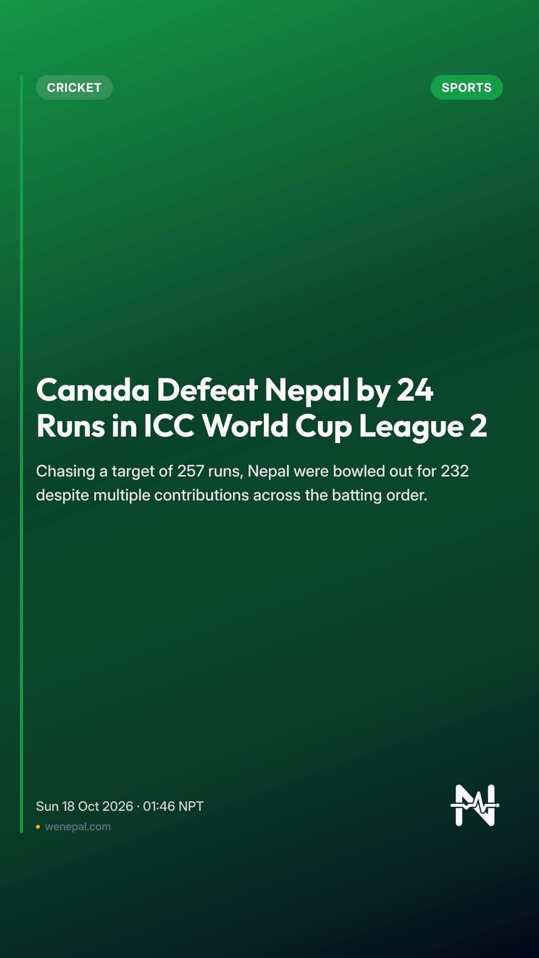 Canada Defeat Nepal by 24 Runs in ICC World Cup League 2