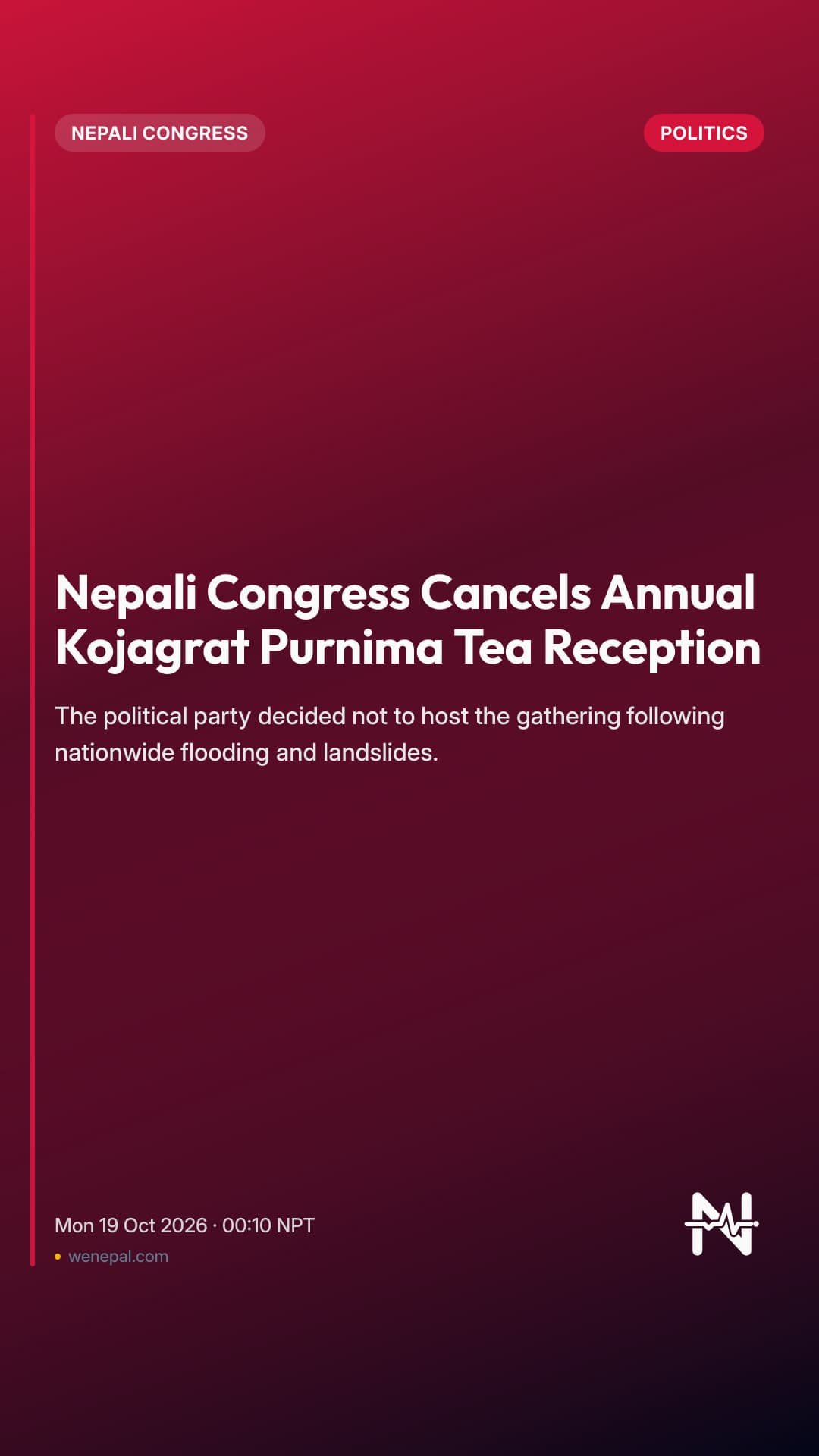 Nepali Congress Cancels Annual Kojagrat Purnima Tea Reception