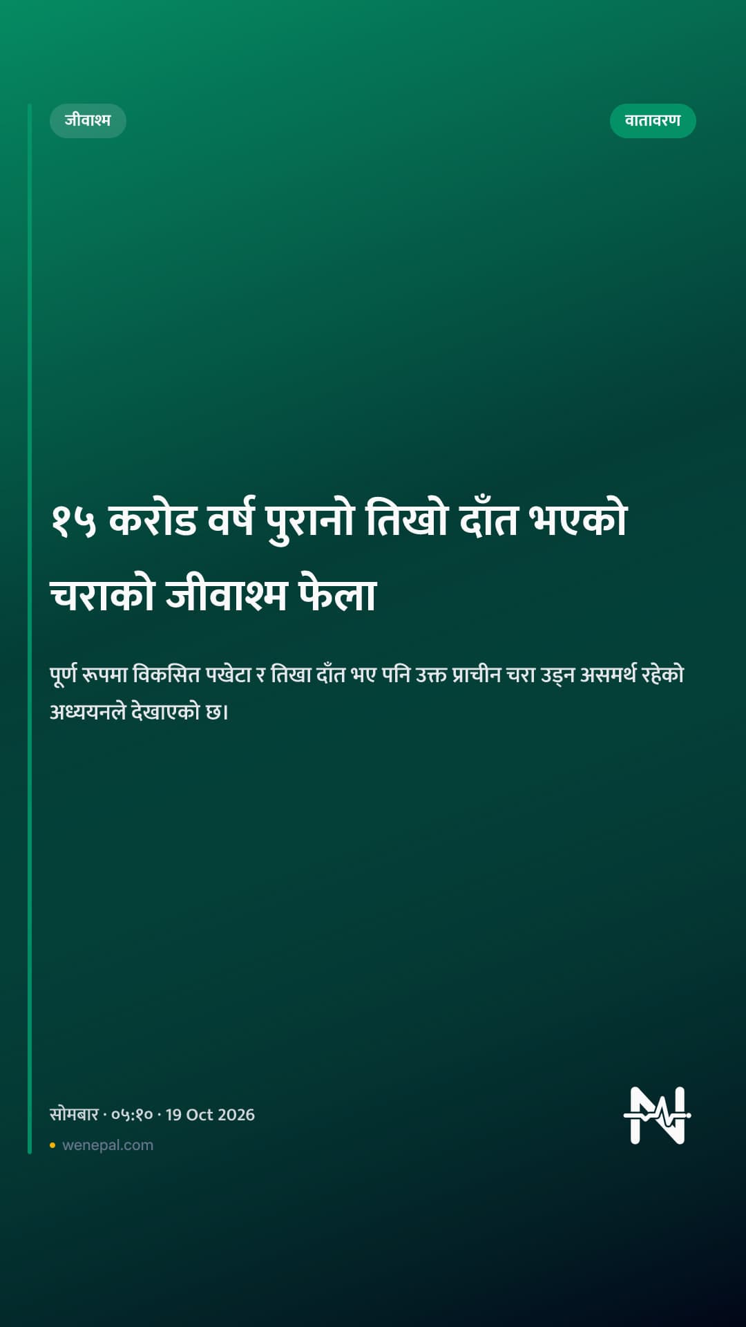 १५ करोड वर्ष पुरानो तिखो दाँत भएको चराको जीवाश्म फेला