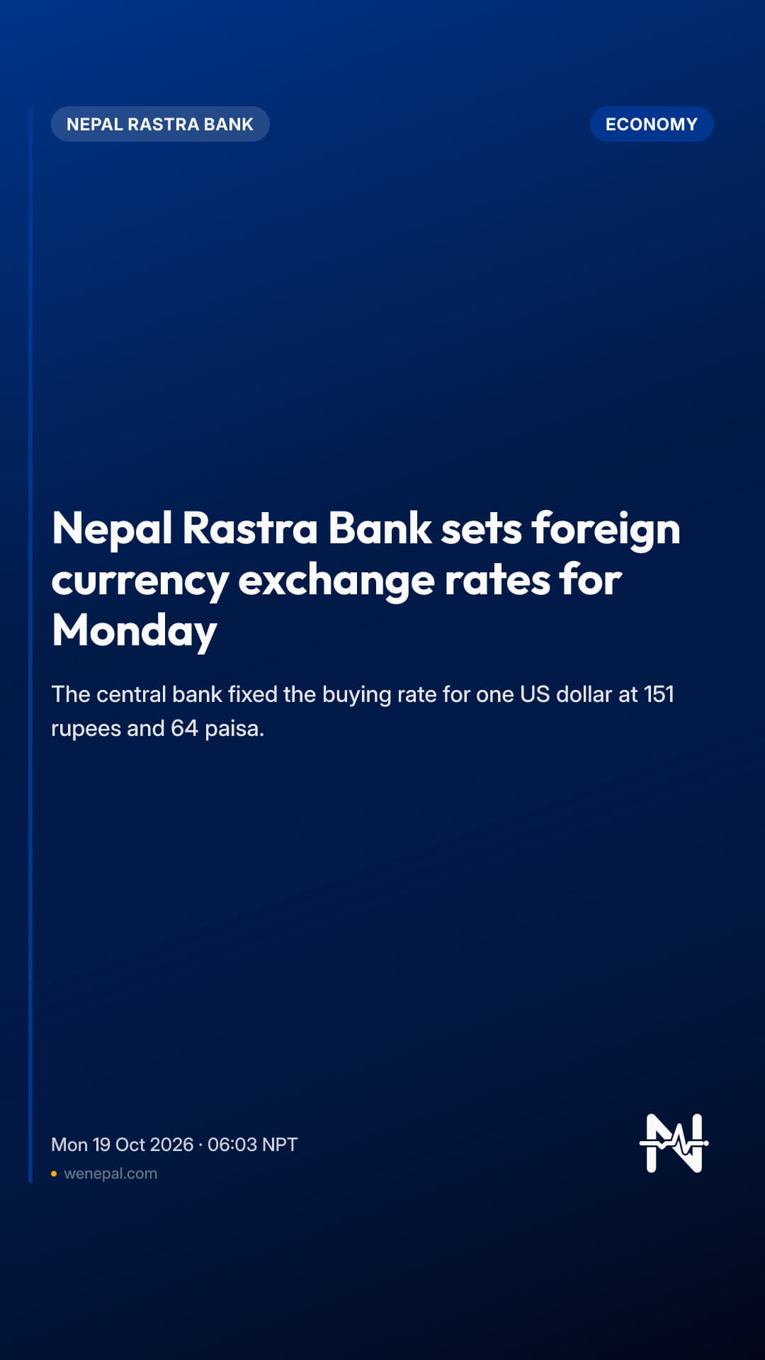 Nepal Rastra Bank sets foreign currency exchange rates for Monday