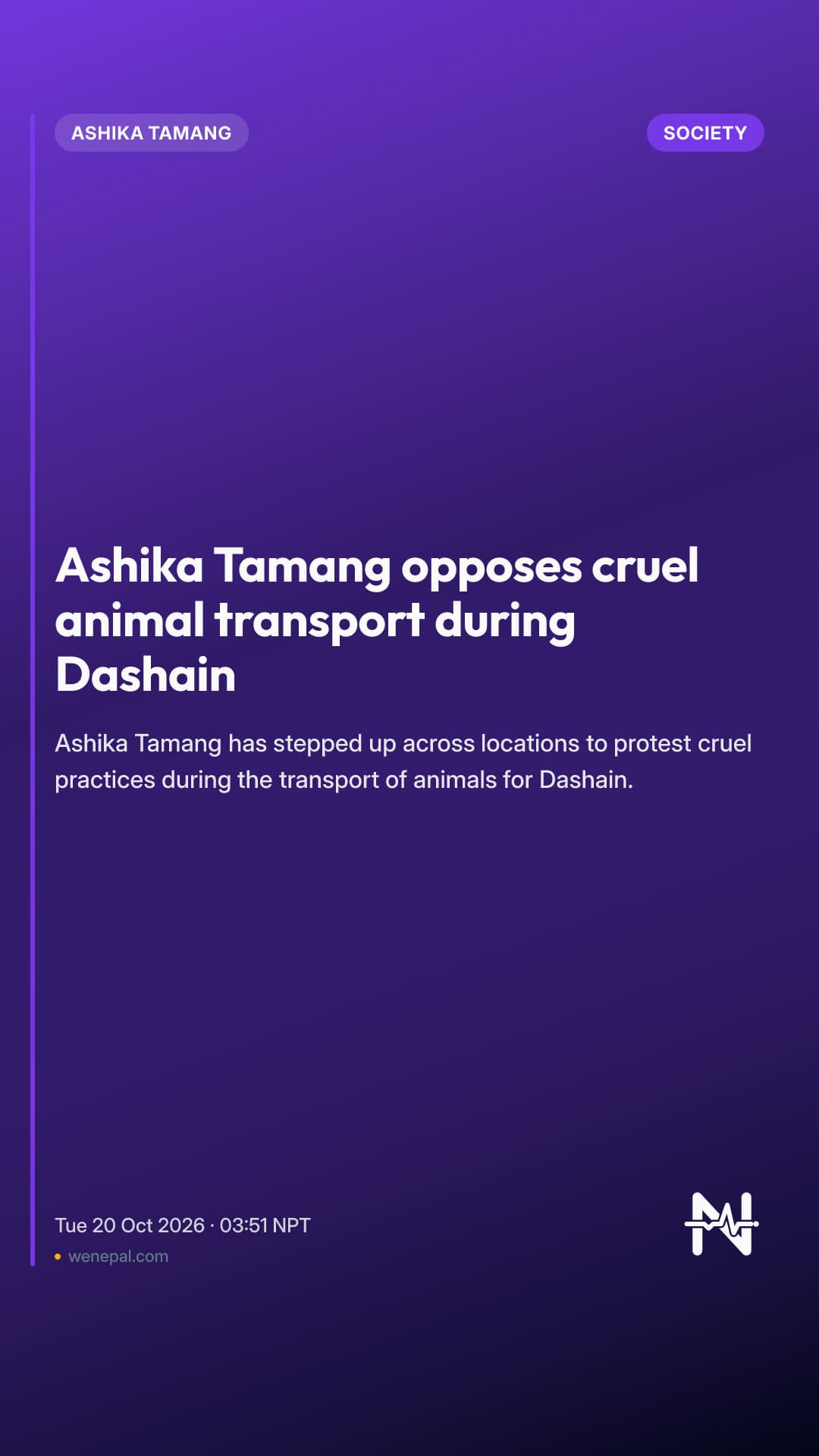 Ashika Tamang opposes cruel animal transport during Dashain