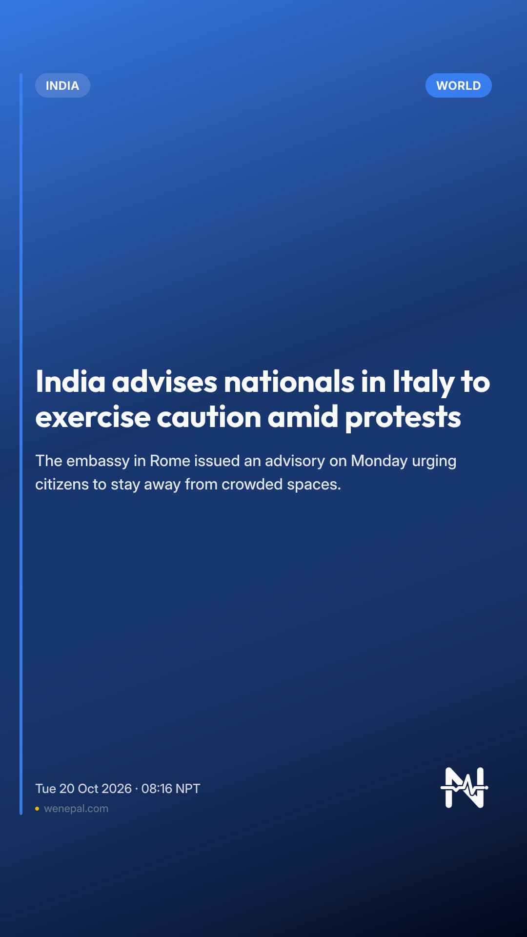 India advises nationals in Italy to exercise caution amid protests