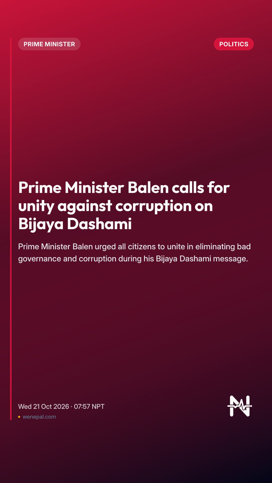 Prime Minister Balen calls for unity against corruption on Bijaya Dashami