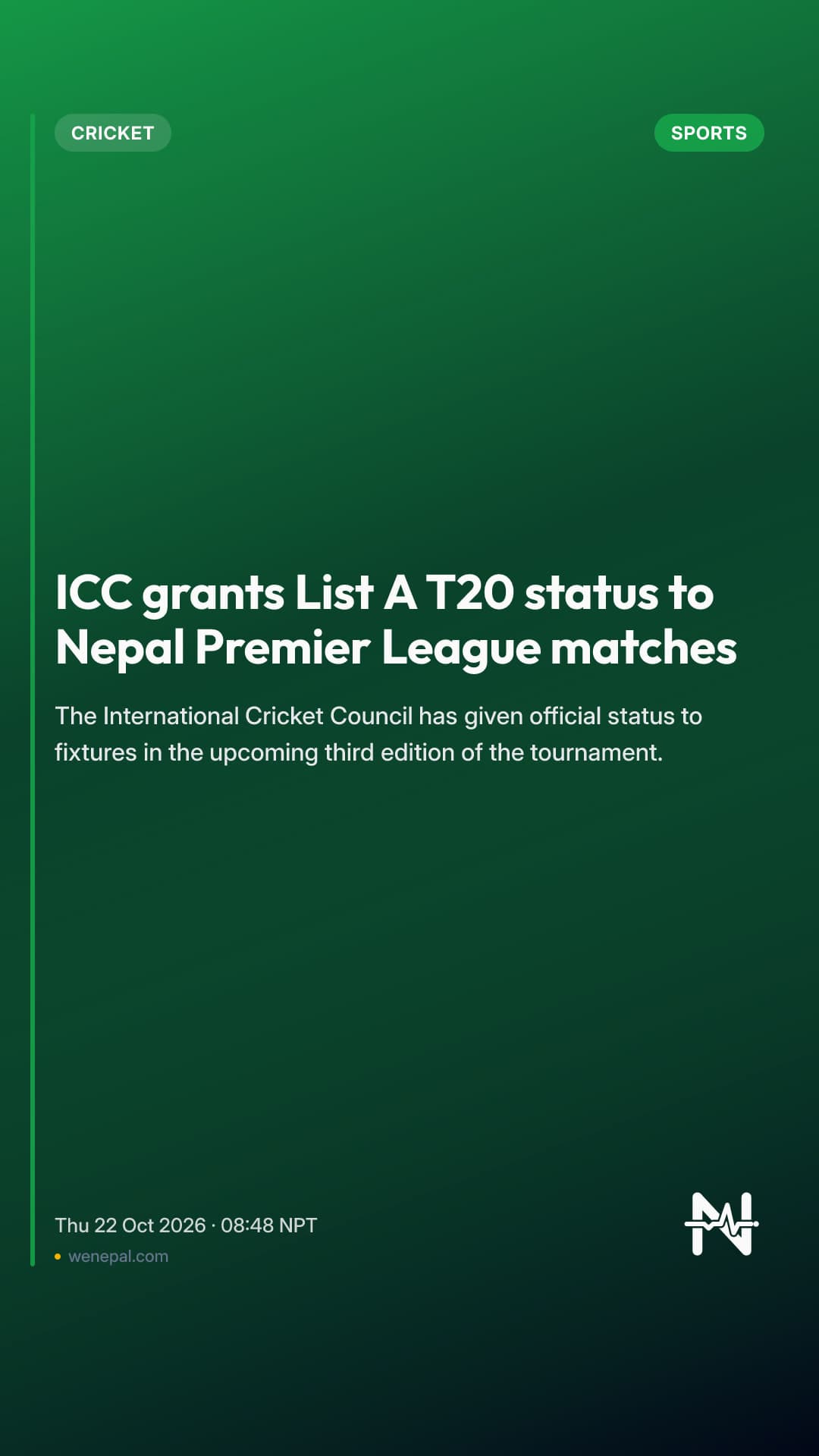 ICC grants List A T20 status to Nepal Premier League matches