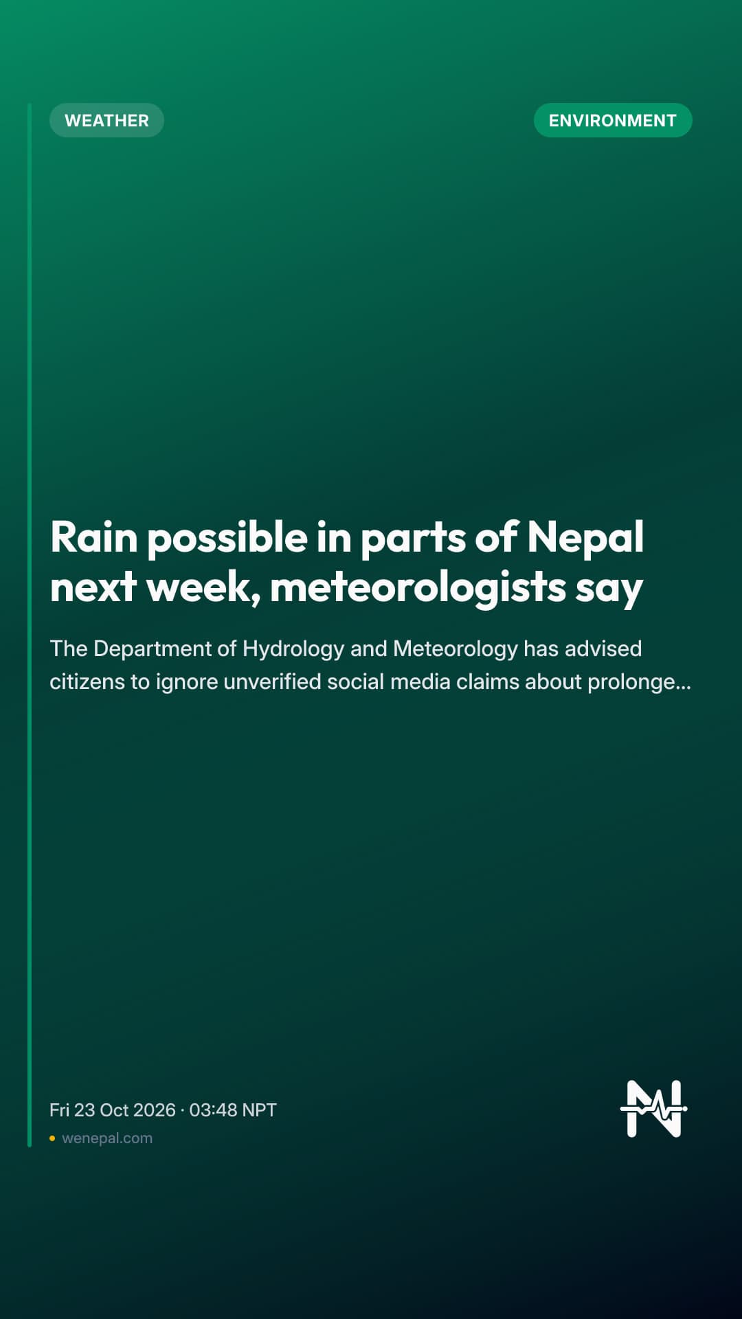 Rain possible in parts of Nepal next week, meteorologists say