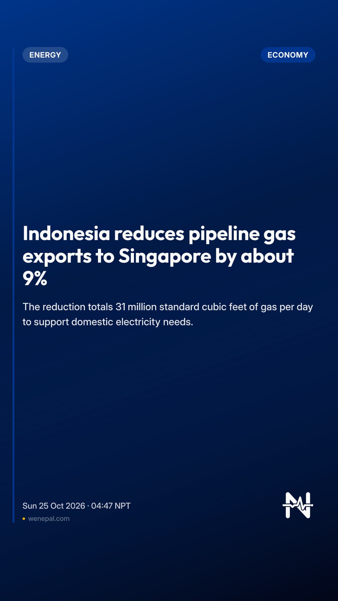 Indonesia reduces pipeline gas exports to Singapore by about 9%