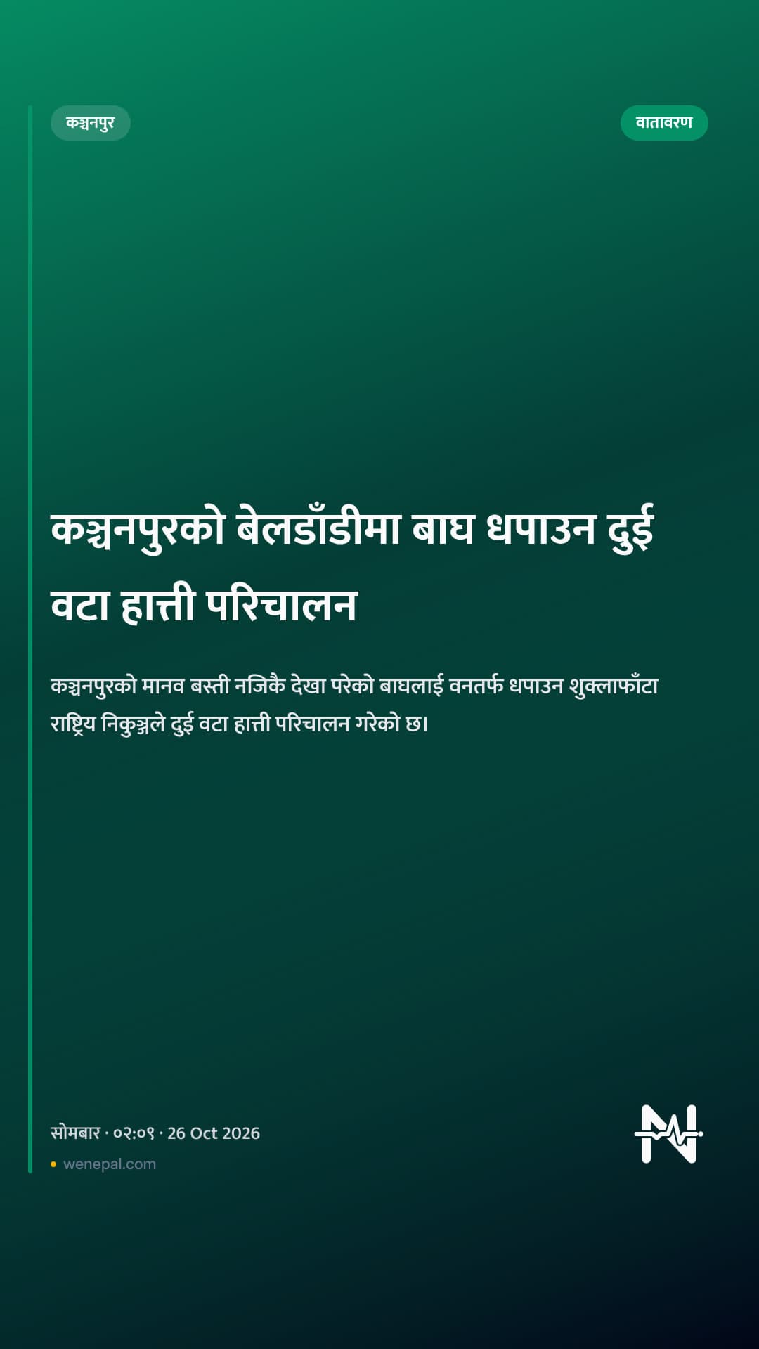 कञ्चनपुरको बेलडाँडीमा बाघ धपाउन दुई वटा हात्ती परिचालन