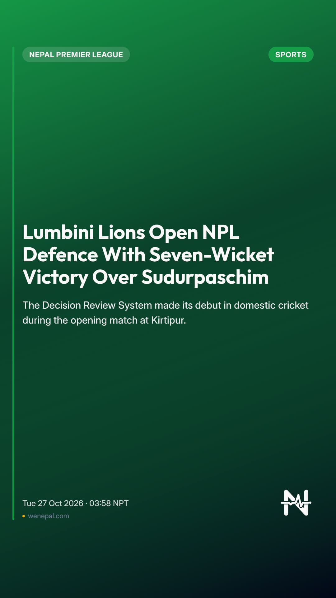 Lumbini Lions Open NPL Defence With Seven-Wicket Victory Over Sudurpaschim