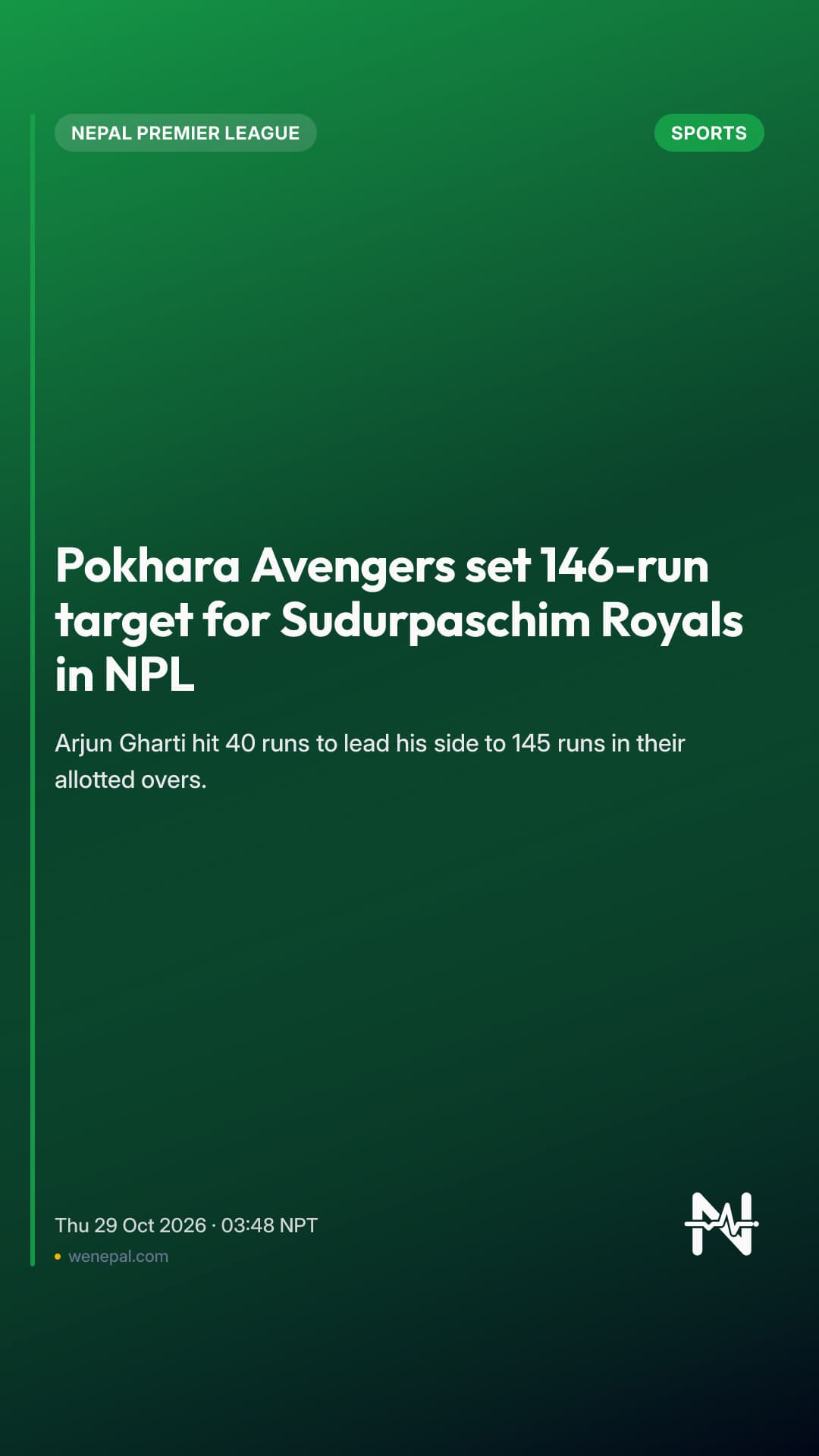 Pokhara Avengers set 146-run target for Sudurpaschim Royals in NPL