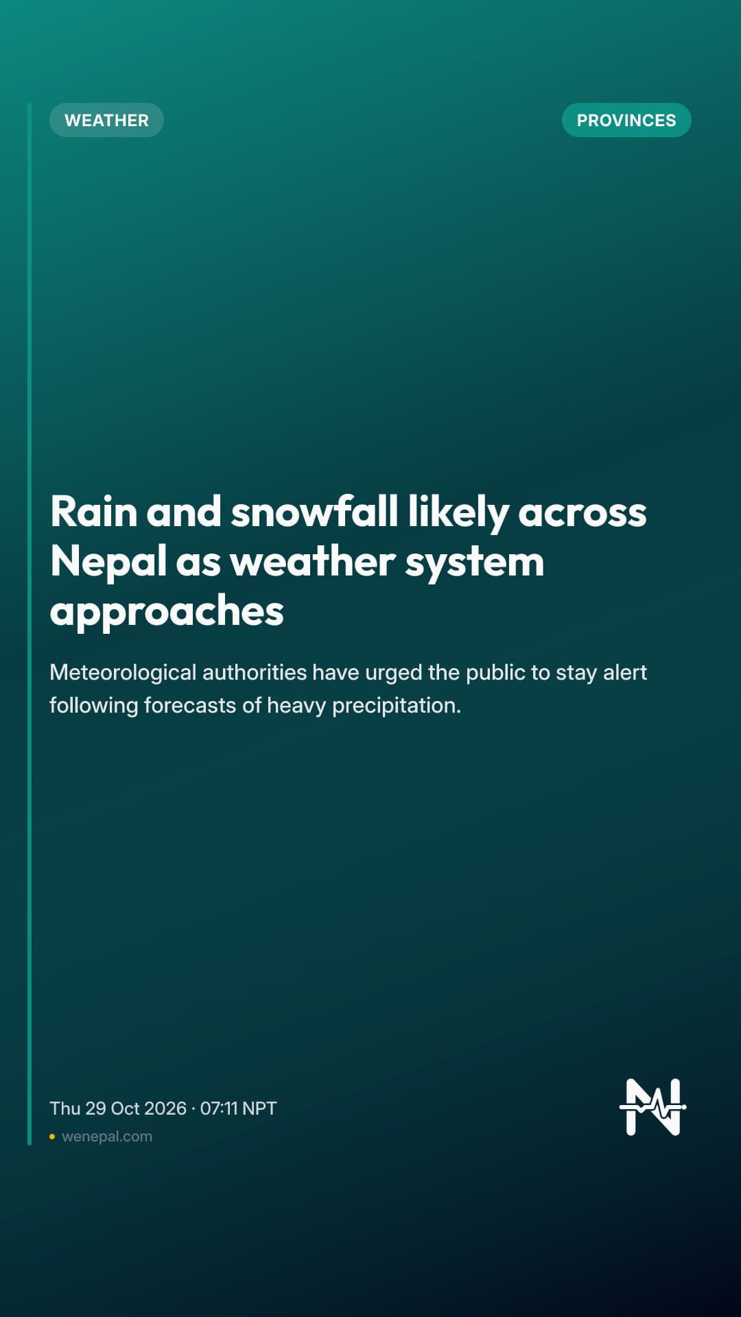 Rain and snowfall likely across Nepal as weather system approaches