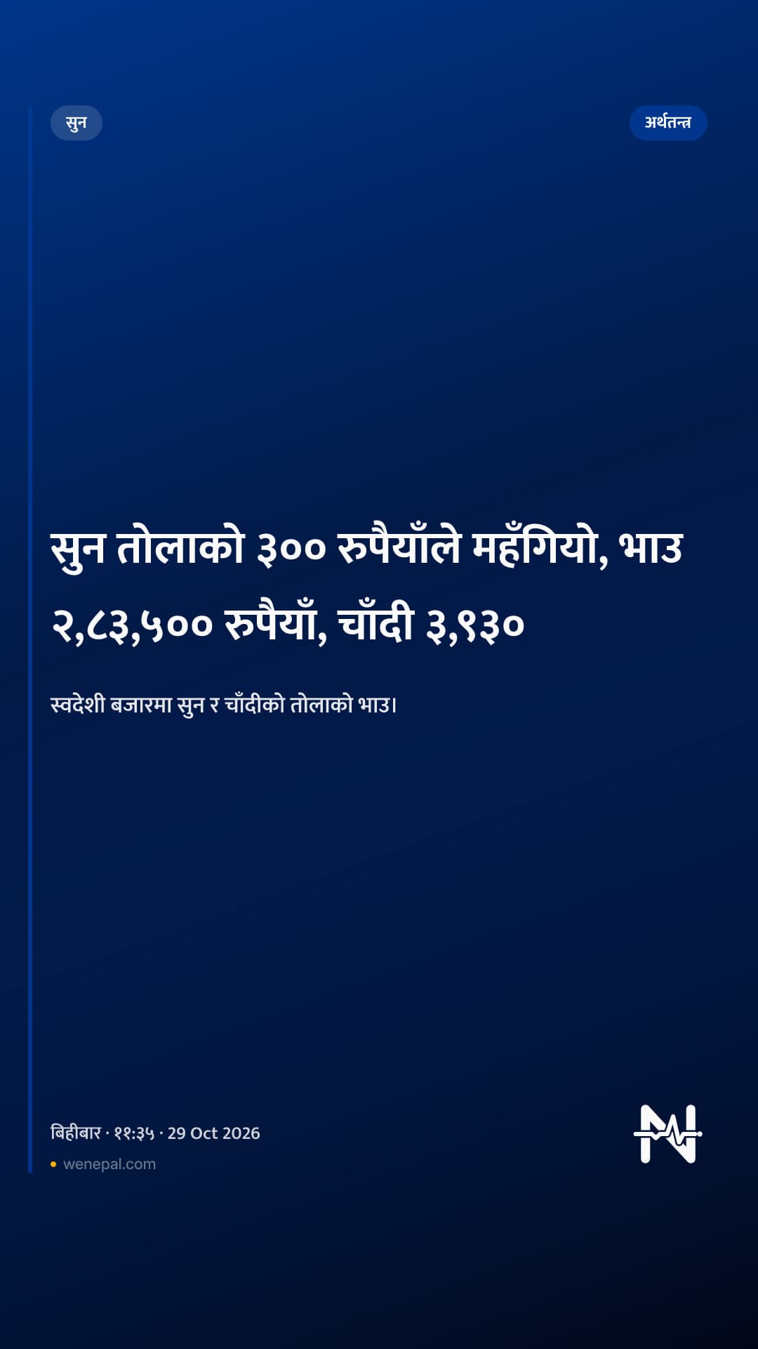 सुन तोलाको ३०० रुपैयाँले महँगियो, भाउ २,८३,५०० रुपैयाँ, चाँदी ३,९३०