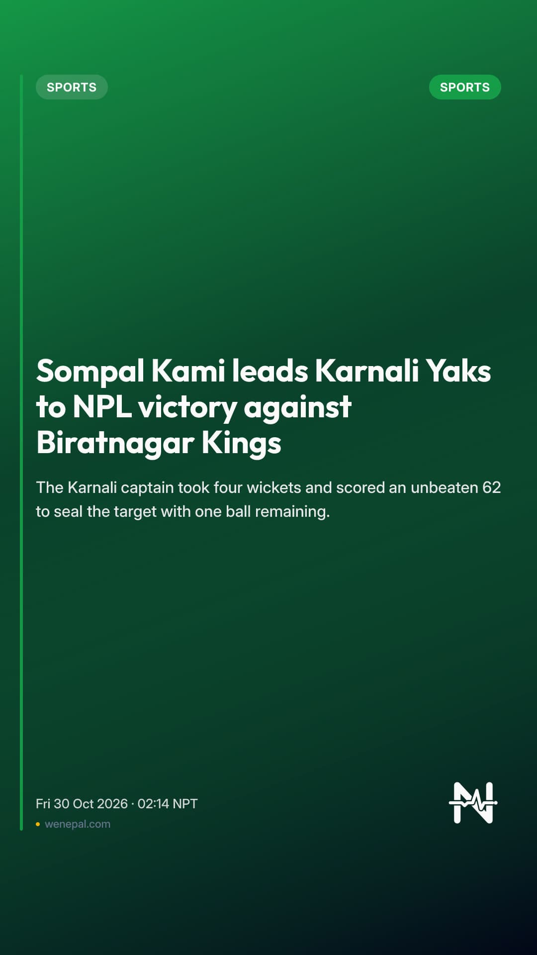 Sompal Kami leads Karnali Yaks to NPL victory against Biratnagar Kings