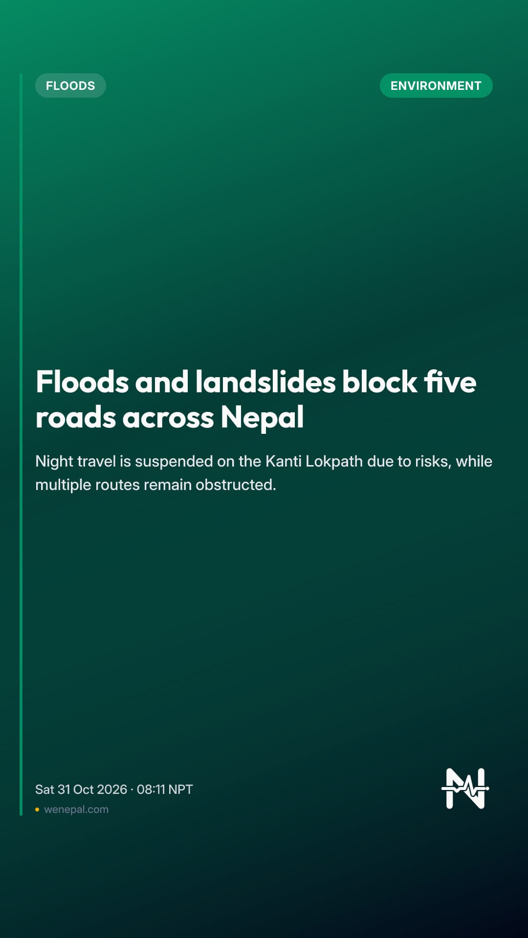 Floods and landslides block five roads across Nepal