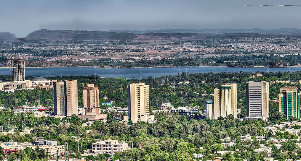 Islamabad skyline with Rawal Lake